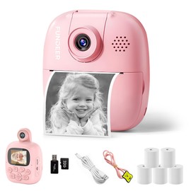 FUNDEER Cámara Digital para Niños, Mini Cámara para Niños, Cámara Infantil con Tarjeta SD de 32 GB y 5 Rollos de Papel Térmico，Pantalla 2.0 IPS HD (Rosa)