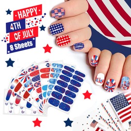 JERCLITY 112 Pieces 8 Sheets 4th of July Independence Day Nail Stickers Patriotic American Flag Strip Full Wraps Self-Adhesive Nail Polish Stickers Wraps Decals Tips with Nail File
