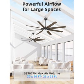 Arecovas 72 Inch Large Ceiling Fans with Lights and Remote, Black Ceiling Fan with Quiet DC Motor, 3CCT Dimmable, 3 Downrods, 8 Dual Finish Blades Industrial Ceiling Fan for Kitchen Living Room Patio