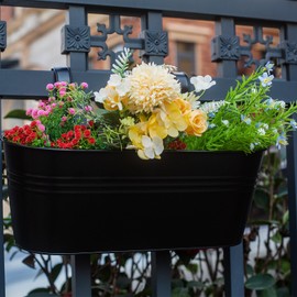 Holensun Balcony Planters 16 Inch Railing Hanging Metal Planters with Hooks for Outdoor Plants Flower Boxes for Fence Patio Deck Planters 3 PCS(Black)