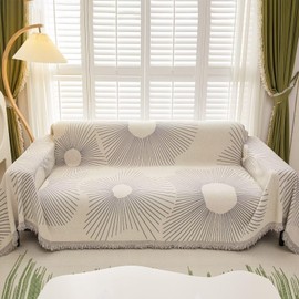 VClife Boho Sofa Covers for Sectional Sofa Chenille Couch Cover for 3 Cushion Couch Sofa, Washable Chenille Sofa Slipcover Grey Beige Flowers Living Room Furniture Sofa Protector for Dog Cat 71"X134"