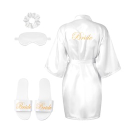 Bride Bridesmaids Robe Set Women Silk Satin Kimono Eye Mask Headband Slippers for Wedding Bridal Robe Bachelorette Party (White, Bride)