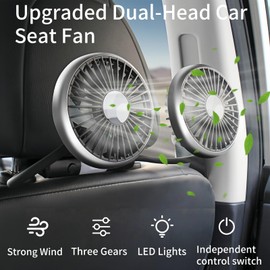 Mievlyo Car Fans for Backseat Kids, Dual-Head USB Power Car Seat Fan with LED Lights, 3 Speeds 360° Rotatable Cooling Car Rear Headrest Fan for SUV RV Truck Sedan Van