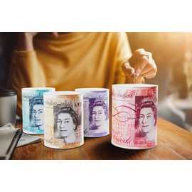 4 x Money Box Seterling Tin, Savings Tin, Piggy Bank, Save for Birthday, Sterling Money Tins, 15 x 10 x 10 cm, (Mixed Set of 4)