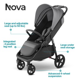 Mompush Nova Baby Stroller, Spacious Seat & Lie-Flat Mode, Toddler Stroller with Large UPF 50+ Canopy, Compact Folding with One Hand, Infant Stroller for Birth to 50 LB