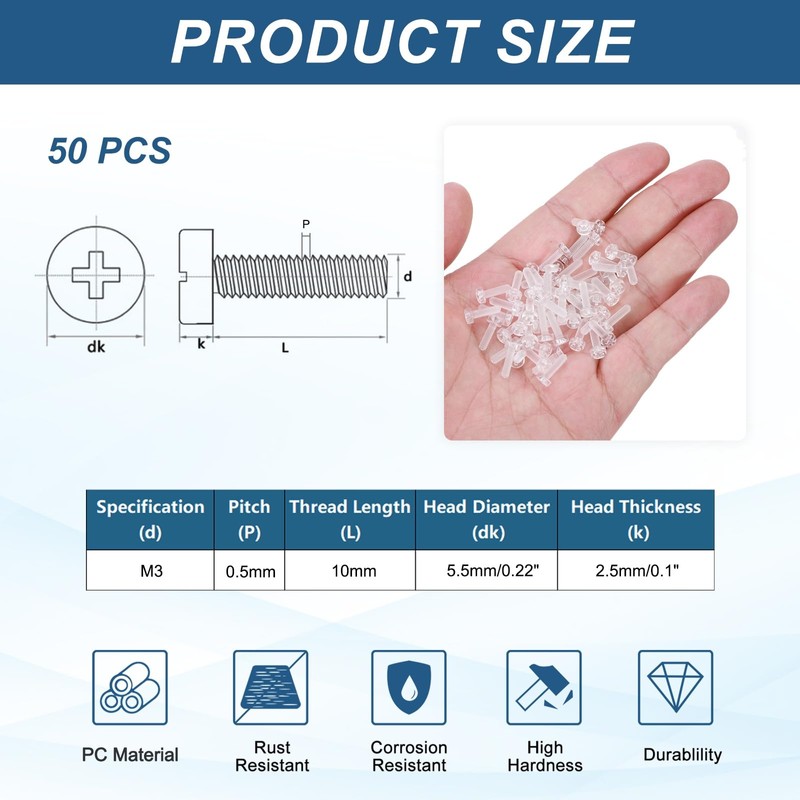 sourcing map 50Pcs Clear PC Plastic Self-tapping Screw, M3x10mm Phillips