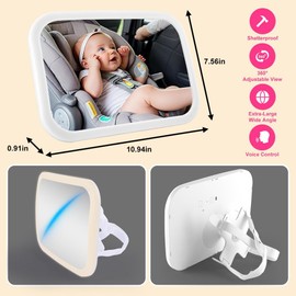 Smart Baby Rearview Mirror with Voice Control & Lights HD wide-angle,eye-friendly lighting,and shatterproof design.Three-color dimmable light for use.Universal fit,perfect for gifting. (White)