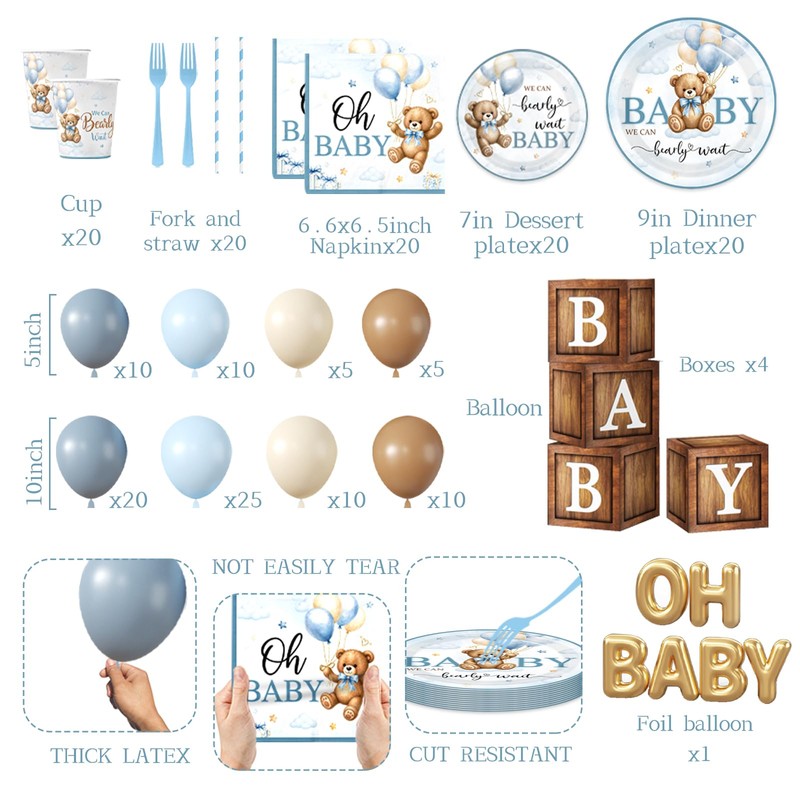 Bear Baby Shower Decorations,260pcs All-in-1 Blue Bear Party Decorations Plates