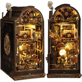 Jioustoy Book Nook Kit for Adult, Booknook with Dust Cover. DIY Miniature Dollhouse 3D Wooden Puzzle Bookend with LED for Bookshelf Insert Decor, Creative Gift for Teens and Adults (Mechanical Rhythm)