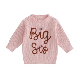 YINGISFITM Baby Girl Big Little Sister Embroidered Chunky Knit Sweater Crewneck Long Sleeve Sweatshirt Matching Outfit (Pink Big sis, 3-4 Years)