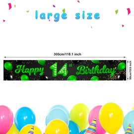 Happy 14th Birthday Green and Black Banner Cheers to 14 Years Old Backdrop Confetti Balloons Theme Decor for Girls 14 Years Old Birthday Party Decorations Bday Supplies Background Favors Gift Glitter