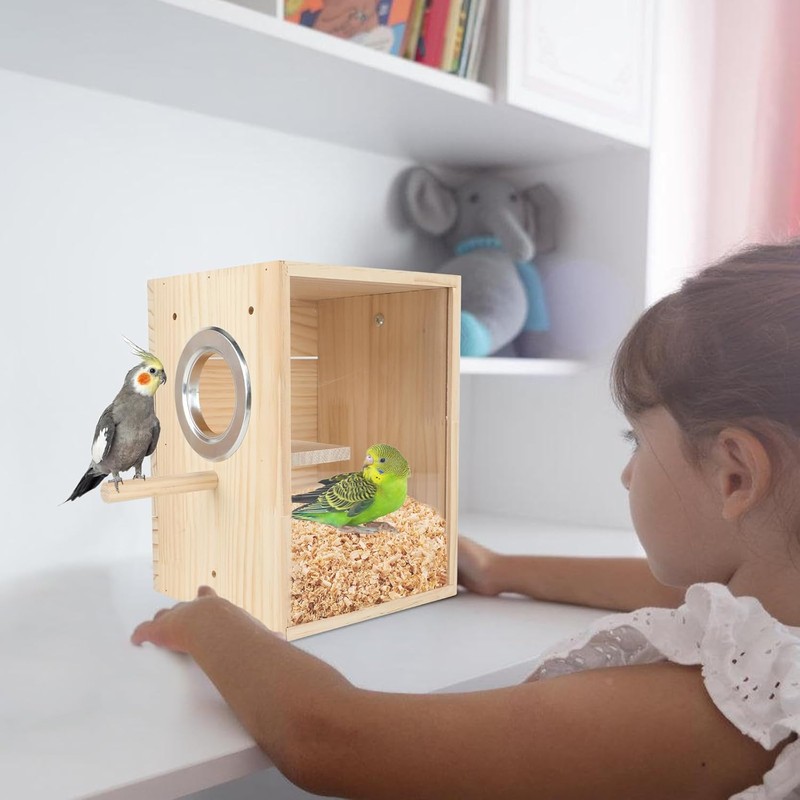 Parakeet Nesting Box Transparent Design, Natural Wood Bird Nest Breeding