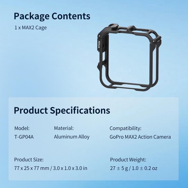 Nitze MAX2 Cage for GoPro MAX2 360 Action Camera, Aluminum