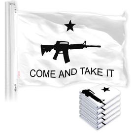 G128 5 Pack: Come and Take It Rifle White Flag | 3x5 Ft | LiteWeave Pro Series Printed 150D Polyester | Historical Flag, Indoor/Outdoor, Vibrant Colors, Brass Grommets, More Durable Than 100D 75D Poly