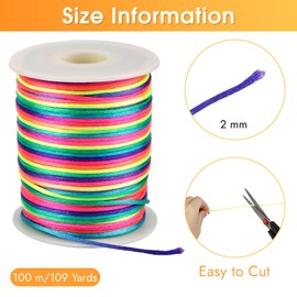 Nylon Cord for Bracelets, Satin Cord 100m x 2mm, Silk Cord Chinese Knot Cord for DIY Bracelets Necklace Jewelry Beading Thread Crafts (Rainbow)