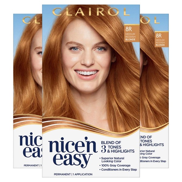 Clairol Nice'n Easy Permanent Hair Color, 8R Medium Reddish Blonde, 3 Count