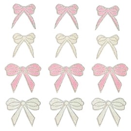ZAHD Iron-On Glitter Sew-On Appliqué with Bow Knot Crystal Bling Patches Bow Knot Rhinestone Sew-On Bow Knot Crystal Bling Patches for Iron-On (White Pink) Pack of 12
