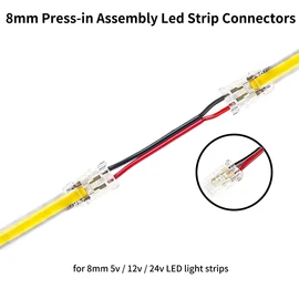Clearhill 8mm 2Pin 10Pcs Press-in Assembly COB led Strip connectors,Ultra Slim,Double-Ended Strip to Wire with 10cm Wire Connector for Single Color 5V/12V/24V Light Strips,Transparent Terminal.