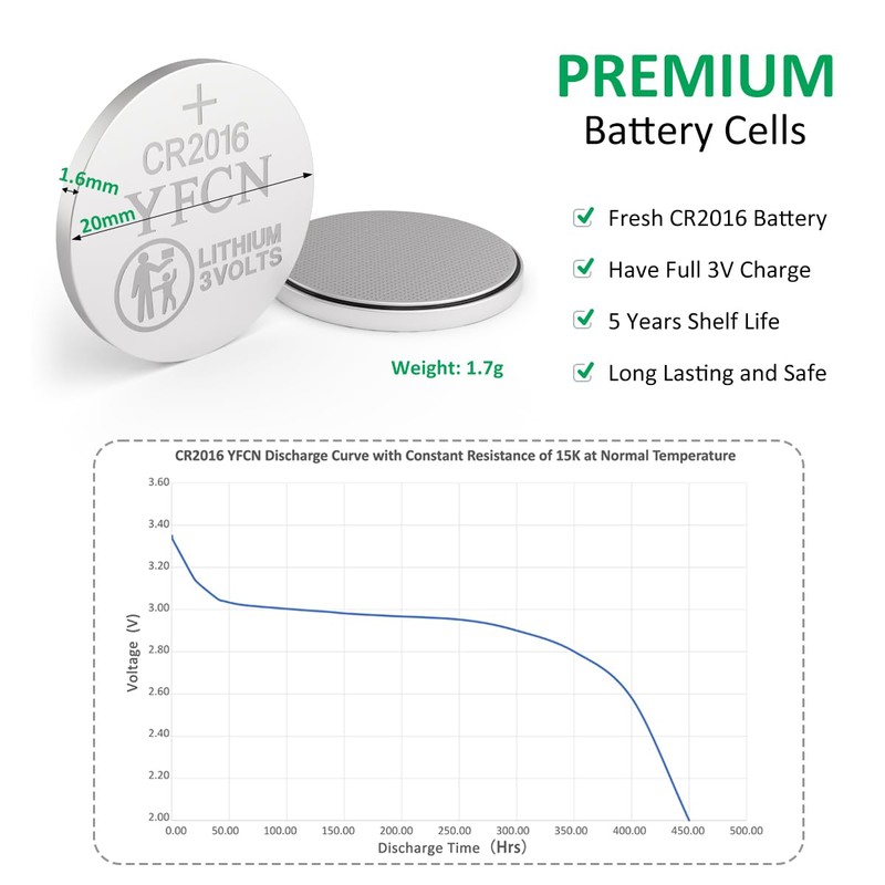 YFCN CR2016 Battery 3V Lithium Battery 10 Count Pack -
