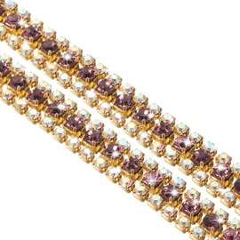 sourcing map 1 Yard 3 Rows Crystal Rhinestone Close Chain Trim, Crystal Rhinestone Diamond Strips Rhinestone Bling Sewing Embellishments (9mm, AB and Dark Purple Rhinestone with Gold Base)