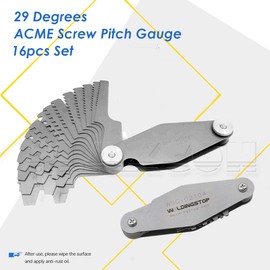 PLAXCON 29 Degree Acme Screw Pitch Gauge Stainless Steel Thread Pitch Measuring Tool Set T-Thread Cutting Gage 16pcs