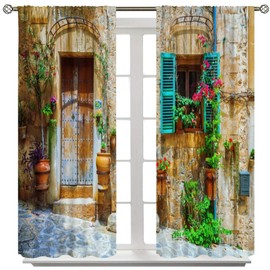 Yoakiet Italian Style Curtains, Mid-Century Vintage Old Street Scenery Courtyard Rustic Style Print Rod Pocket Window Treatments Drapes for Bedroom Kitchen Living Room 42" W X 45" L