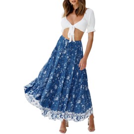 ZESICA Women's 2025 Summer Bohemian Floral Printed Elastic Waist A Line Maxi Skirt with Pockets,DarkBlue,Medium