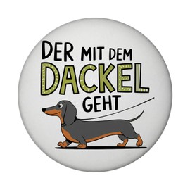 Chubby Dachshund – The Dachshund Magnet Round Magnet with Playful Vector Illustration of a Dachshund on a Lead While Walking Colourful Writing