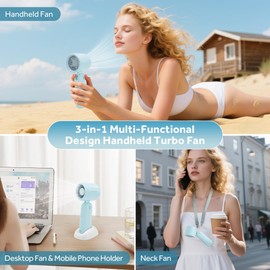 Portable Handheld Turbo Fan, 4500mAh Rechargeable Fan, High Speed Fans, 1-100 Stepless Speed Adjustment, Up to 16 Working Hours, LED Display, 3 IN 1 Personal Fans for Travel, Outdoor, Office, Makeup