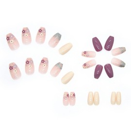 24 Pieces Fingernails, Lovely Floret, Flash, Silver Foil, Girly Nail