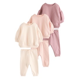 NEXT Set of 6 Baby Sweatshirt and Jogging Bottoms, Cream/Pink, 3 months