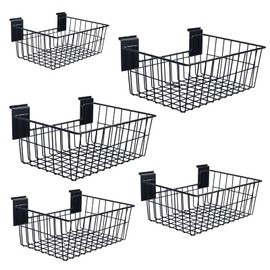 PYBTOOL Slatwall Baskets, 15-Inch Width Heavy Duty Steel Wire Slat Wall Hanging Basket - Versatile Slatwall Accessory for Retail, Garage, Office, Sports, Toys, and More (5 Pack)