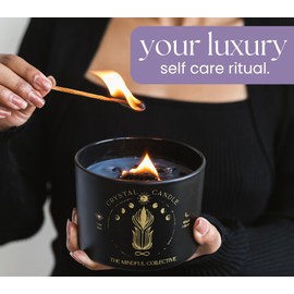 Black Crystal Candle for Women - 12oz Wood Wick Candle that Crackles with Natural Soy Wax. Luxurious Slow Burn, for Meditation. Includes Amethyst & Smokey Quartz Crystals