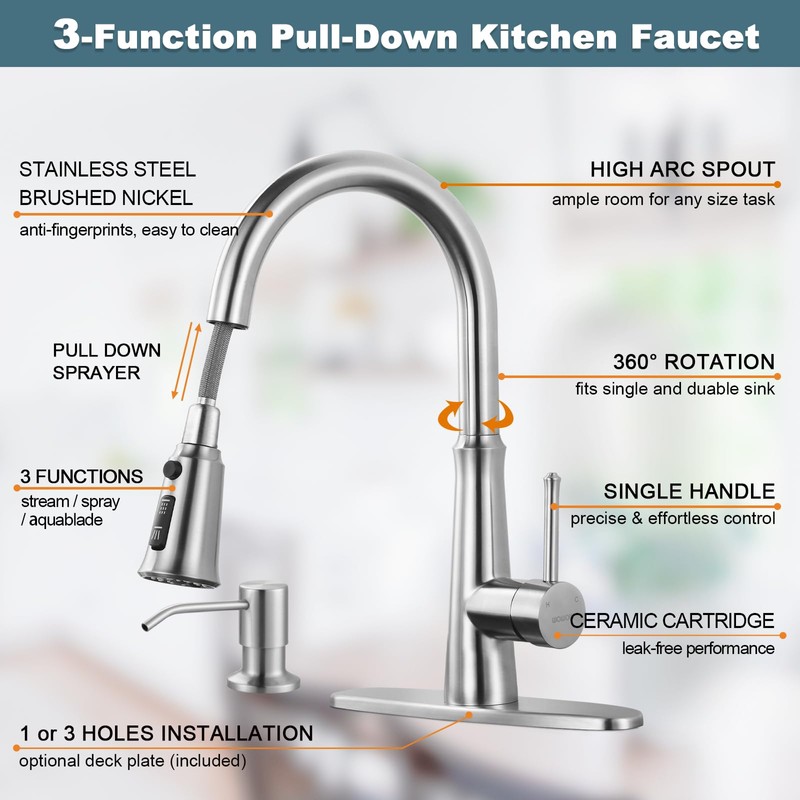 WOWOW Kitchen Faucet with Sprayer,Brushed Nickel Single Handle High Arc