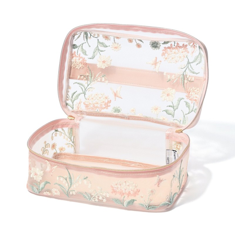 Francfranc Mesh Embroidery Vanity Pouch, Small, Pink