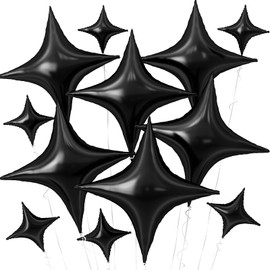 Black Star Balloons,12Pcs Four Angle Star Foil Balloons,26Inch and 10Inch Black Quadrangle Star Helium Mylar Balloons for Birthday Anniversary Baby Shower Wedding Party Decorations