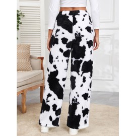 FUVYKOL Women's Cow Fuzzy Fleece Pajama Pants High Waist Elastic Casual Straight Leg Teddy Fluffy Warm Pj Pants White XL