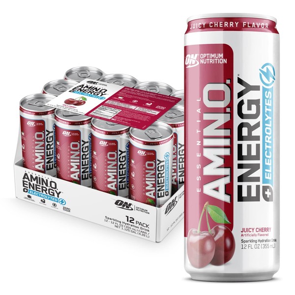 Optimum Nutrition Amino Energy Drink Plus Electrolytes for Hydration, Sugar Free, Caffeine for Pre-Workout Energy and Amino Acids / BCAAs for Post-Workout Recovery - Juicy Cherry, 12 Fl Oz (12 Pack)