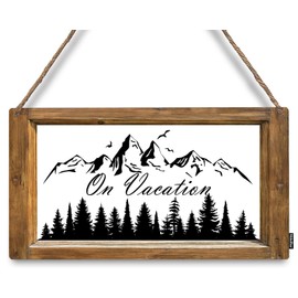 Mdulftar On Vacation Wooden Hanging Sign Mountain Woodland Pine Tree Woods Door Sign Farmhouse Rustic Front Door Hanger Sign for Indoor Outdoor Home Porch Window Decor 12x6 Inch