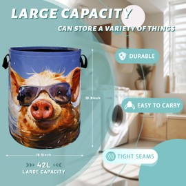 Funny Pig Laundry Hamper Foldable With Handles Summer Pigs Tote Bag Universal Oxford Cloth Animal Laundry Basket Men Women Kids Clothes Toy Storage Bucket 18.9" x 16.5" For Bathroom/Laundry/Bedroom