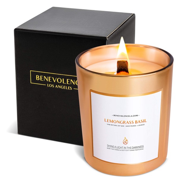 Benevolence LA Lemongrass & Basil Wood Wick Spring Candle for Home - Scented Soy Candles | Aromatherapy Gold Candle, Gifts for Men and Women, Jar Candle Small - 6 oz