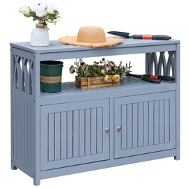 Devoko Acacia Wood Patio Cabinet with 2 Magnetic Doors and Shelve for Outdoor Storage, TV Stand, Potting Table (Gray)