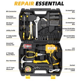 DIFFLIFE 12V Drill Driver Power Tool Combo Kits with Cordless Drill, Professional Household Home Tool Kit Set, DIY Hand Tool Kits for Garden Office House Repair Yellow