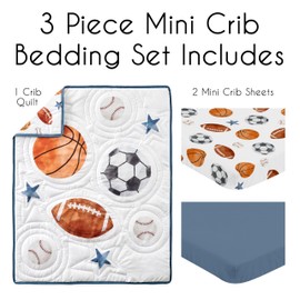 Sweet Jojo Designs Sports Theme Boy Baby Mini Crib Bedding Set Infant Nursery Room Newborn Blanket Portable Pack n Play Sheets 3p Watercolor Vintage Soccer Balls Football Baseball Basketball Blue Star