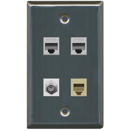 RiteAV 1 Port Coax Cable TV- F-Type and 1 Port Phone RJ11 RJ12 Beige 2 Port Cat6 Ethernet Wall Plate - Stainless Steel/Gray