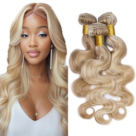Dokksiiia P27613 Ombre Honey Blonde Body Wave Bundles Human Hair Highlight Two Tone Blonde P27/613 Piano Color Mix Bundles Brazilian Human Hair Sew-In Weave Extensions 20 22 24 Inch