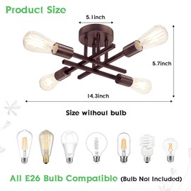 4-Light Semi Flush Mount Ceiling Light Fixture, Oil Rubbed Bronze Modern Industrial Sputnik Chandelier Light Fixture, Metal Flush Mount Ceiling Light for Kitchen Bedroom Living Room Closet, No Bulb