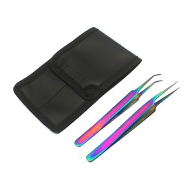 OdontoMed2011 Set of 2 Stainless Steel Multi Titanium Rainbow Color 3D Eyelash Extension Tweezers A Type Angled + Pro Straight Fine Point Jewelry-Making, Laboratory Work