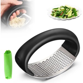 Stainless Steel Garlic Presser, 2024 Kitchen Garlic Press Rocker, Mincer Garlic Crusher with Peeler, Wide Handle Innovative Garlic Chopper Mincer Crusher Grinder Masher (1pc Black)