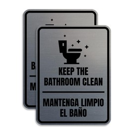 Signos ByLITA - Letrero redondo para mantener el baño limpio para puerta o pared | Señales bilingües españolas de higiene para negocios y oficinas (plata cepillada), paquete grande de 2 unidades